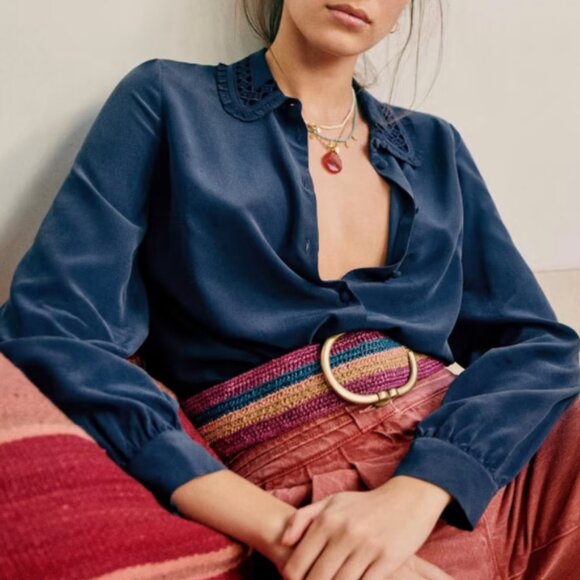 Sezane Suzane Silk Top Blouse Shirt Navy Blue French Top Lace Classic Causal - Picture 1 of 11